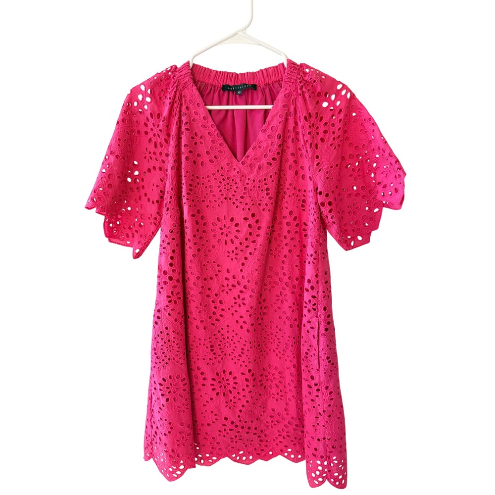 ABBEY GLASS Pink Eyelet Preppy Coastal Garden Party Scalloped V-Neck Dress Sz XS
